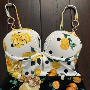 River Island: size 4 swimsuit black and white with yellow orangey designs